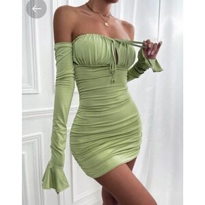SHEIN Off Shoulder Backless Flounce Sleeve Ruched Mini Bodycon Dress SIZE XS